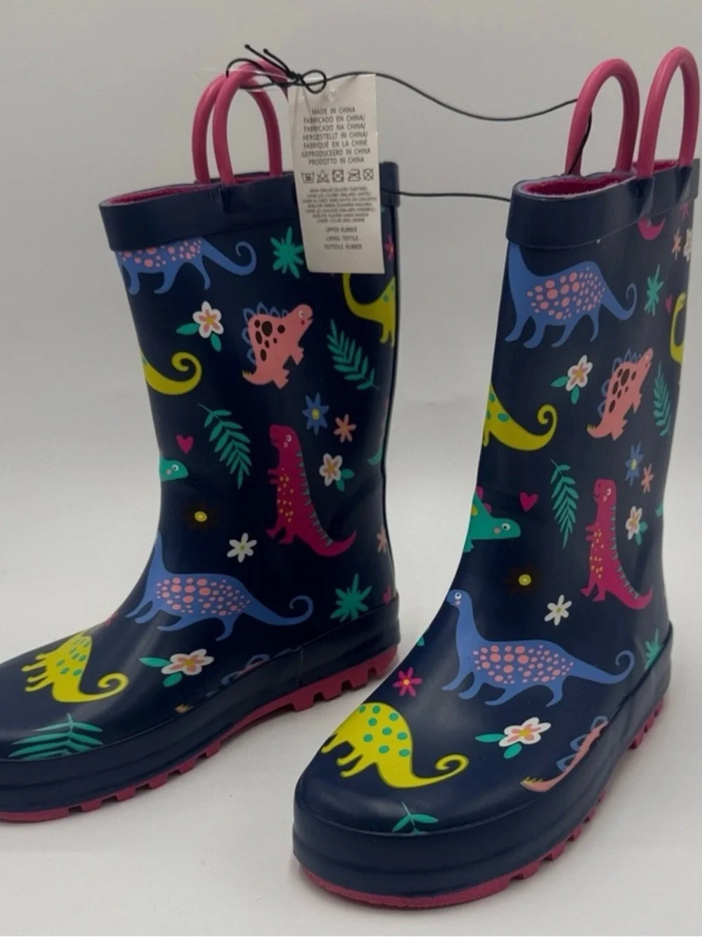 Kids Navy Dinosaur Rain Boots - Pink Trim Size 12